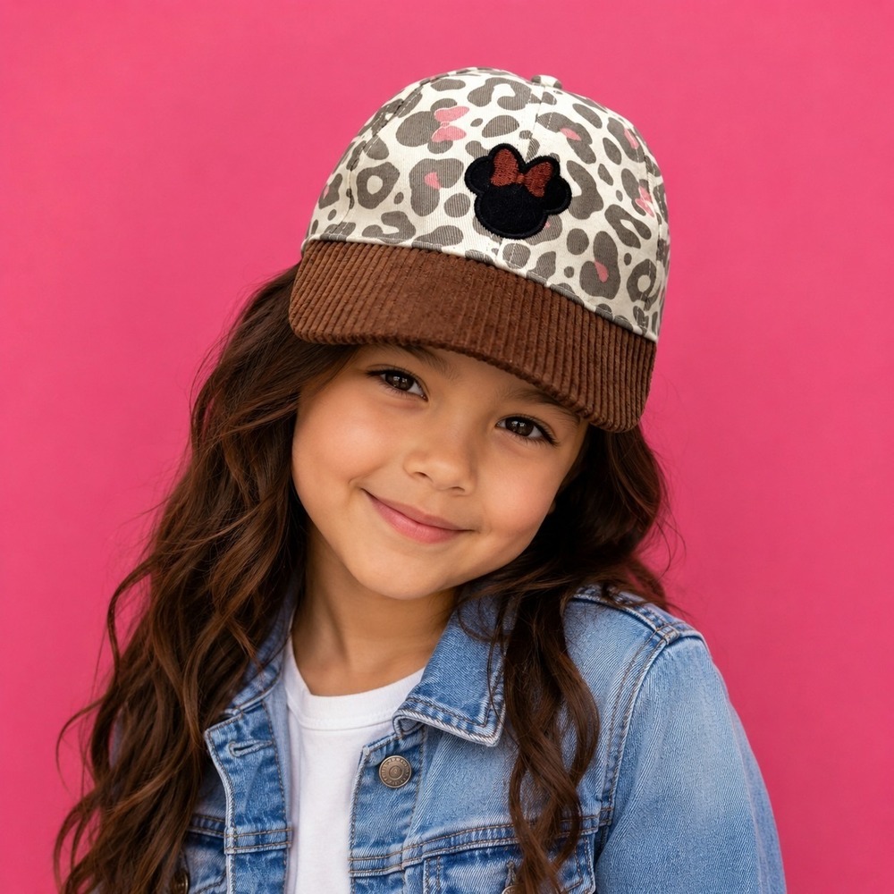Disney Minnie Mouse Girl's Hat Leopard Print Corduroy Brim Theme Park Wear Cute!